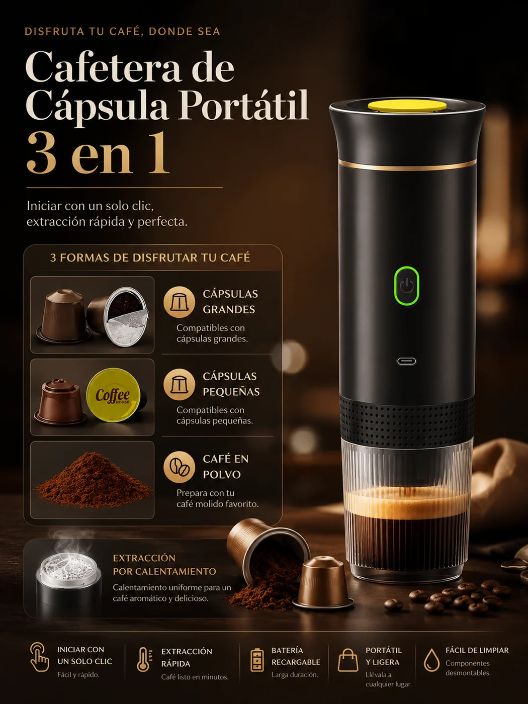 Cafetera espresso portátil Café&Co sin cables, compatible con cápsulas y café molido