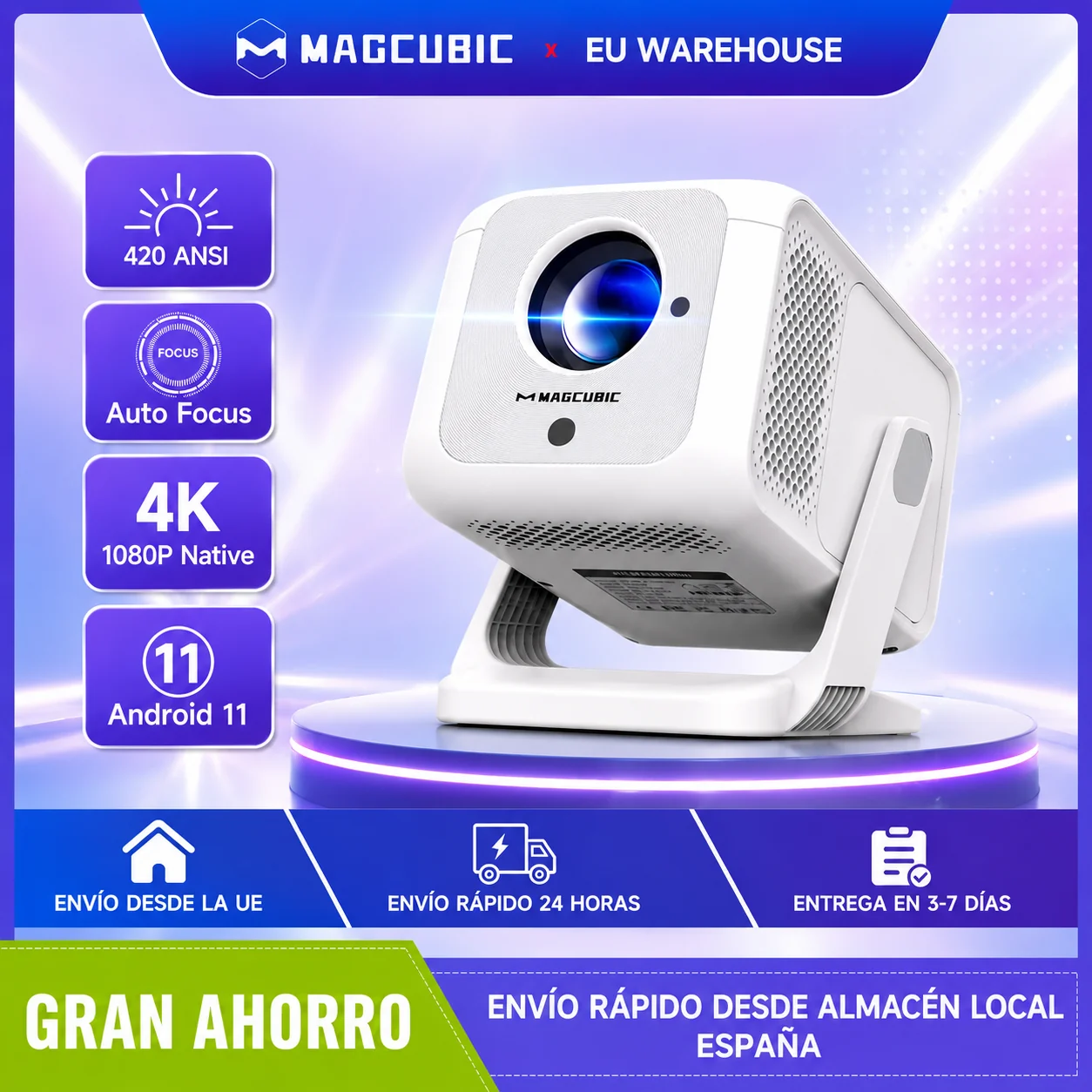 Mini Proyector Smart 4K portátil blanco con soporte de rotación 180 grados